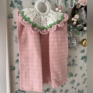 Cute Handmade Crochet Hanging Kitchen Towels Set – Pink Cottage Style